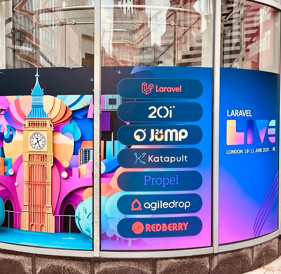 Photo of Laravel live uk venue. List of sponsors from laravel live uk. Photo of Big Ben on the poster