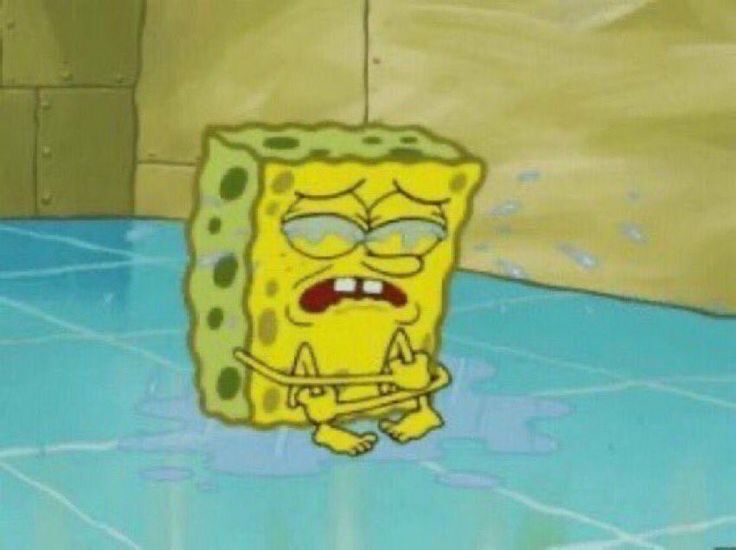 Spongebob Squarepants on the floor naked crying.