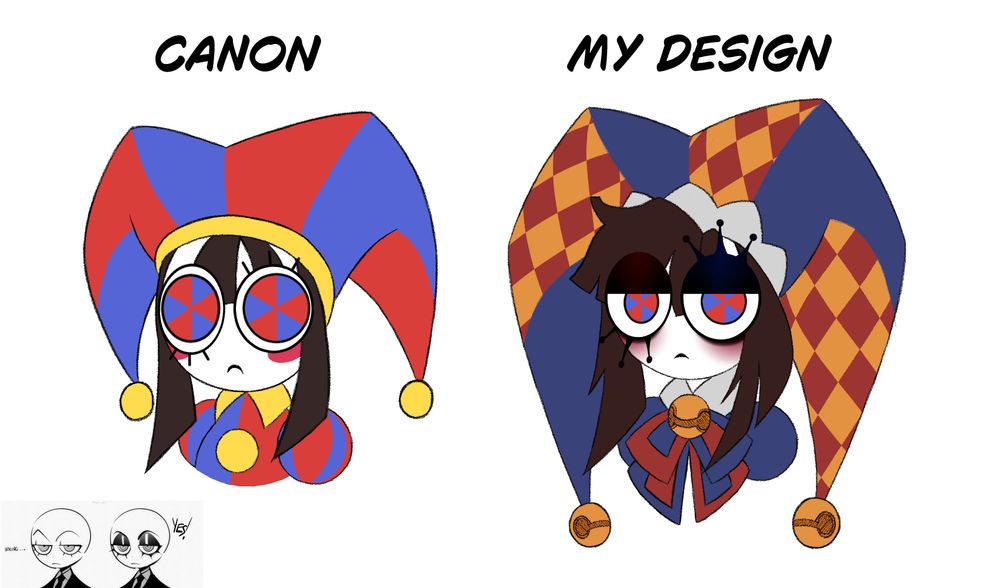 An art piece by Pomni from The Amazing Digital Circus showing a drawing of his awesome appearance at work and one of my own creation.