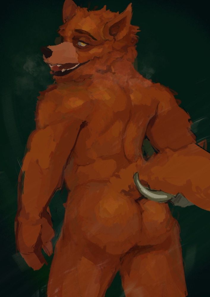 Foxy from fnaf is staring lustfully at the viewer, using his hooked hand to move his tail out of the way to give you front seat tickets to his pirate ass.