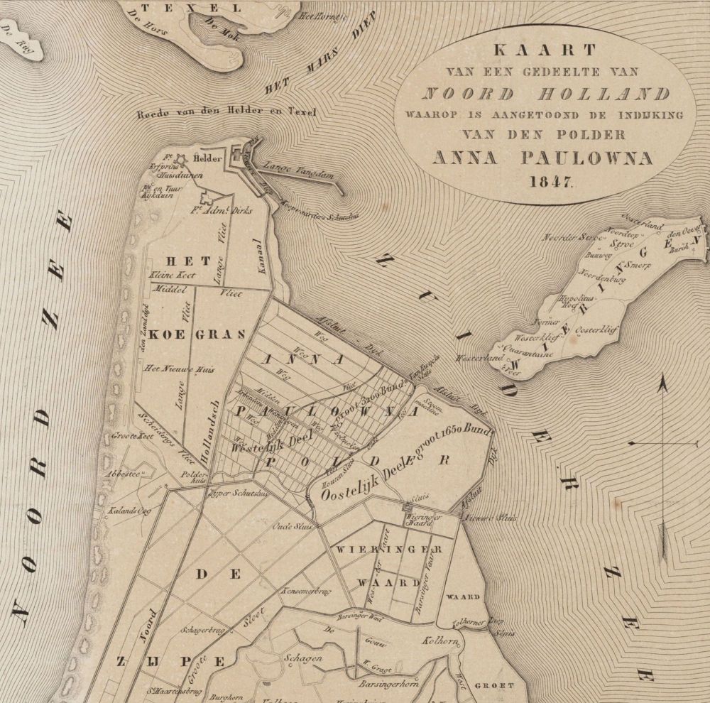 Kaart van de Kop van Noord-Holland uit 1847, met de nieuwe Anna Paulownapolder, bestaande uit een westelijk deel, dat eerst bedijkt was, en een oostelijk deel, dat daarna was ingepolderd. In het westelijke deel van de polder staan 'Arbeiders Woningen' aangegeven. Regionaal Archief Alkmaar.
