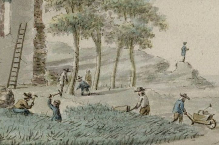 Detail uit de tekening met arbeiders die met hamers de muurresten van de kasteelruïne slopen. Het puin wordt met een kruiwagen afgevoerd. Tegen een muur staat een ladder. Collectie Regionaal Archief Alkmaar.