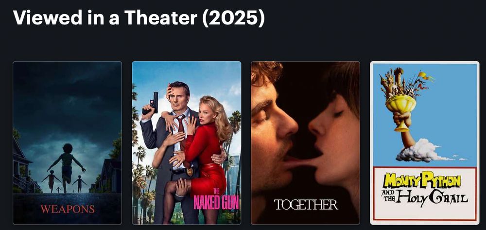 Group of four posters: "Weapons," "Naked Gun" (2025), "Together" & "Monty Python and the Holy Grail"