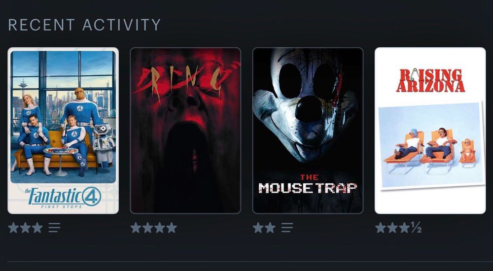 Four movie posters: Fantastic Four, the original Ring, The Mousetrap, and Raising Arizona. 