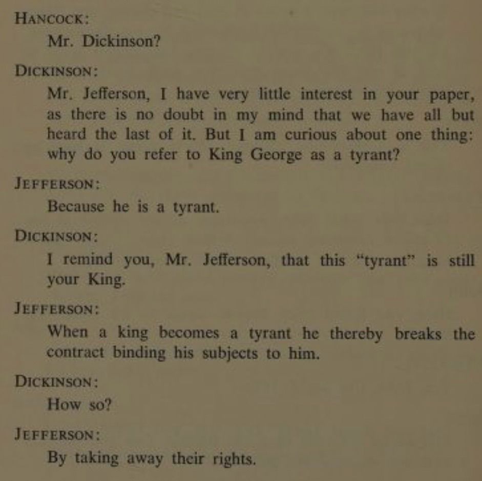 Script from the musical “1776,” in which Thomas Jefferson describes why King George is a tyrant. 
