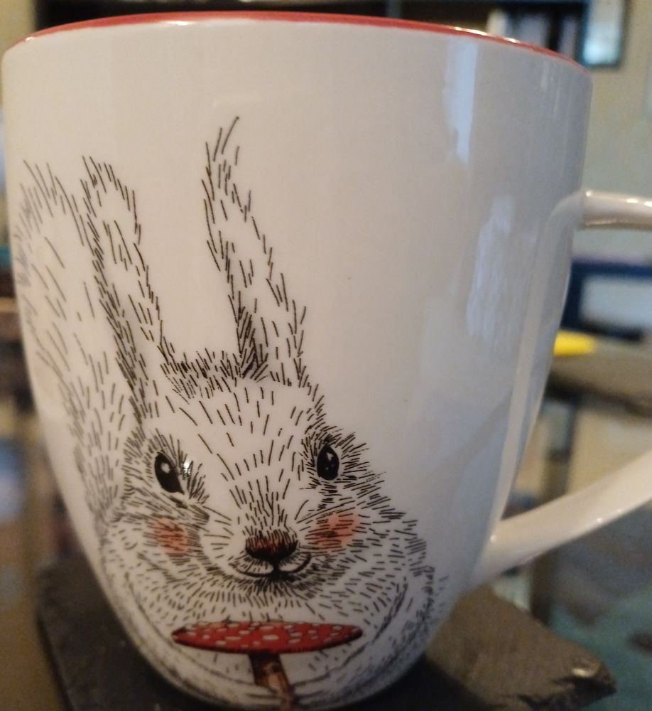Ein großer Kaffeebecher, Grundfarbe beige. Das Motiv darauf ist ein sehr großes Eichhörnchen in einer Strichoptik ohne ausgemalte Flächen. Vor dem Eichhörnchen steht ein großer Fliegenpilz. 