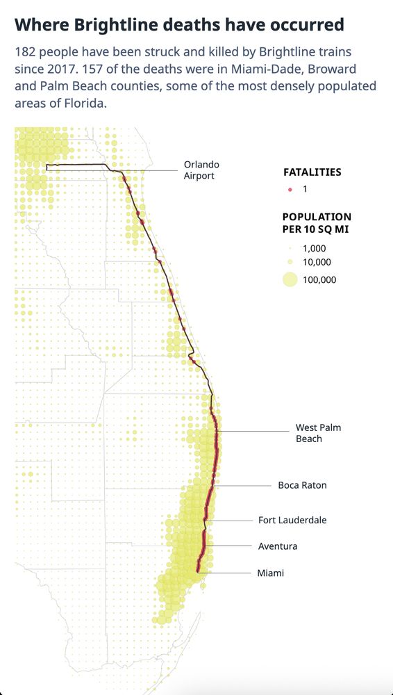 Map of where Brightline-related deaths have occurred in South Florida.