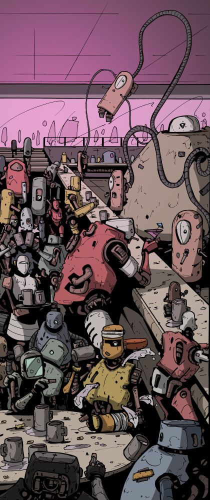 Robots at a robot bar, a rotund robot barkeeper controls bar tender robots via snake like appendages. A table of robots sits in foreground, one looks old and sprays out drink through the holes in it's body.