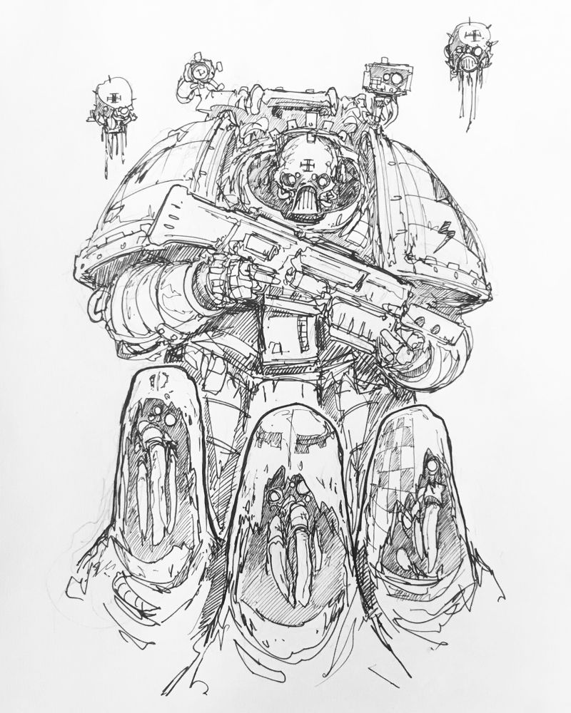 Space marine with tech priest in foreground 