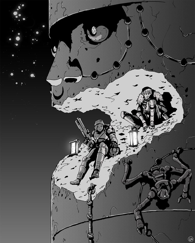 A group of adventurers take some respite in a ruined pillar with a face carving - a chunk of stone missing is where the mouth should be, creating a little cave. On the side of the pillar hangs their drone companion.