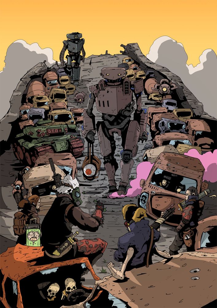 A big robot holding a warhead meets a mutant gang, who have a brain in a jar. They meet over a broken bridge strewn with old, wrecked vehicles 