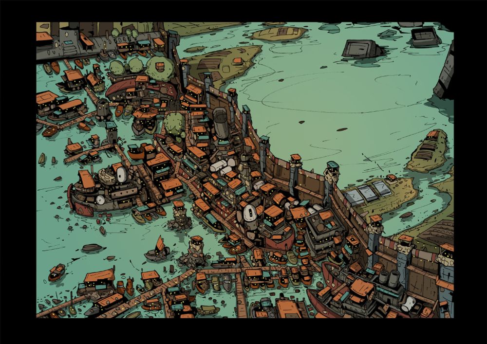 A map of a town, made up of boats, strung next to a wall , which crosses a river. Gangways thread between boats.