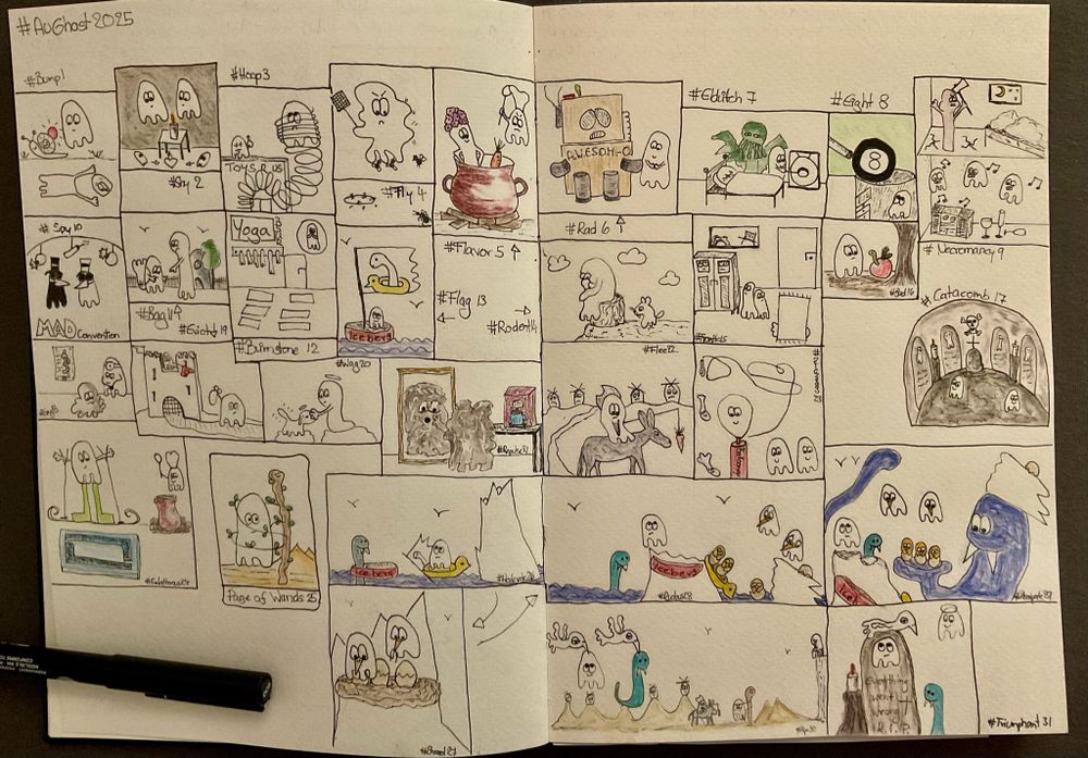 A colorful grid of illustrations featuring whimsical ghost characters engaged in various activities. Each box is labeled with hashtags and depicts scenes such as yoga, a convention, and playful interactions with other creatures.