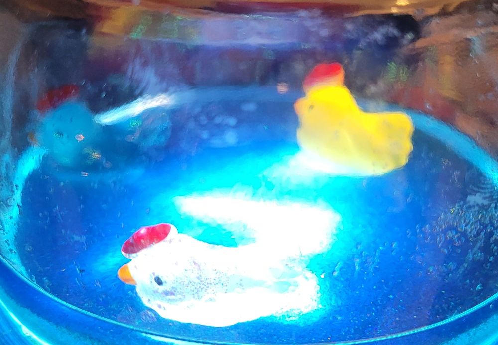 Plastic chickens in a liquid glitter bath. It's probably not a great idea to hug them.