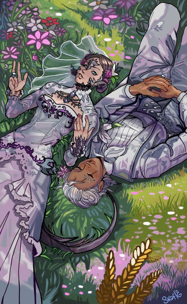 Female au ra and a highlander woman relaxing among the flowers of Ill Mheg in their wedding clothes.