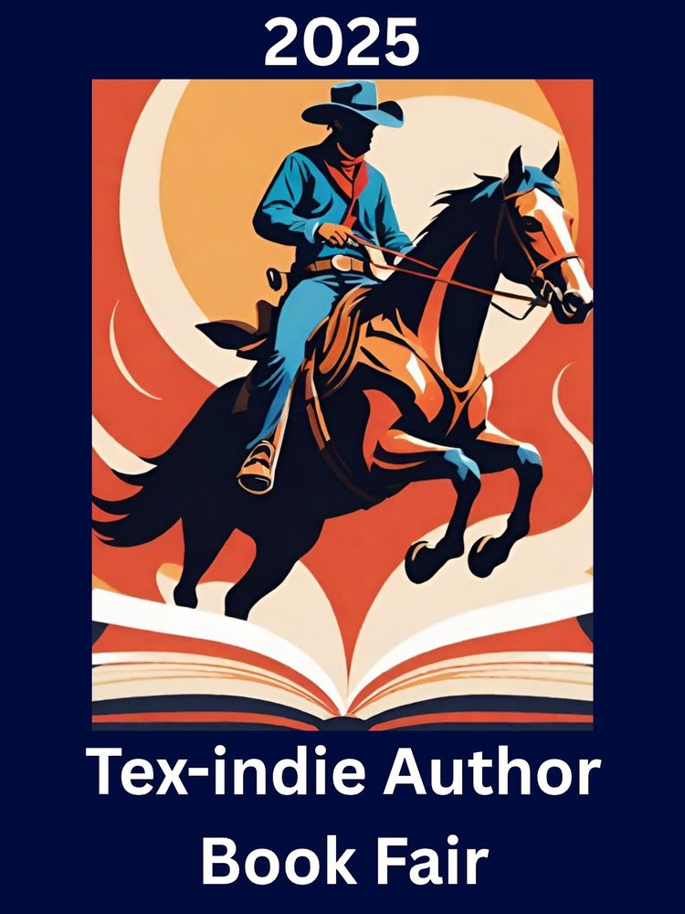 A picture of a cowboy on a horse jumping out of a book that reads Tex-Indie Author book fair