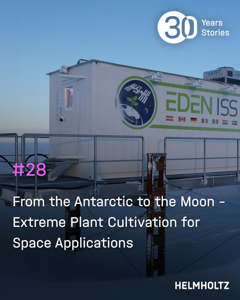 A white container of the EDEN ISS research facility is elevated on stilts in a frozen, remote environment under a clear blue sky. The side of the container displays a large logo featuring a plant above the Earth and Moon, alongside the text “EDEN ISS” and several national flags. The scene represents extreme plant cultivation for future space missions. The “30 Years Stories” logo is visible in the top right. The caption in the lower left reads: “#28 From the Antarctic to the Moon – Extreme Plant Cultivation for Space Applications.” The Helmholtz logo appears at the bottom right.
