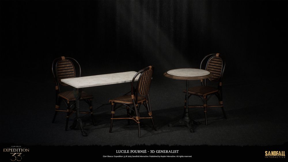 Chair and table in Lumière, a city from Clair Obscur: Expedition 33 the video game