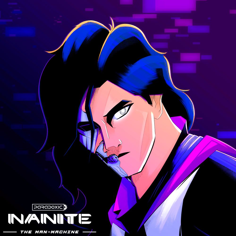  Nanite, an android with half his face damaged to reveal a nanomechanical metal face underneath, looks up to the camera 