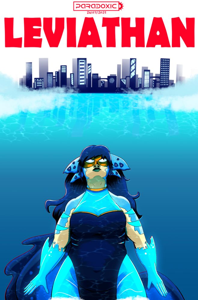  Homage to the poster for JAWS (1975), Leviathan, a large woman with draconic features, is swimming up to a city in the distance.