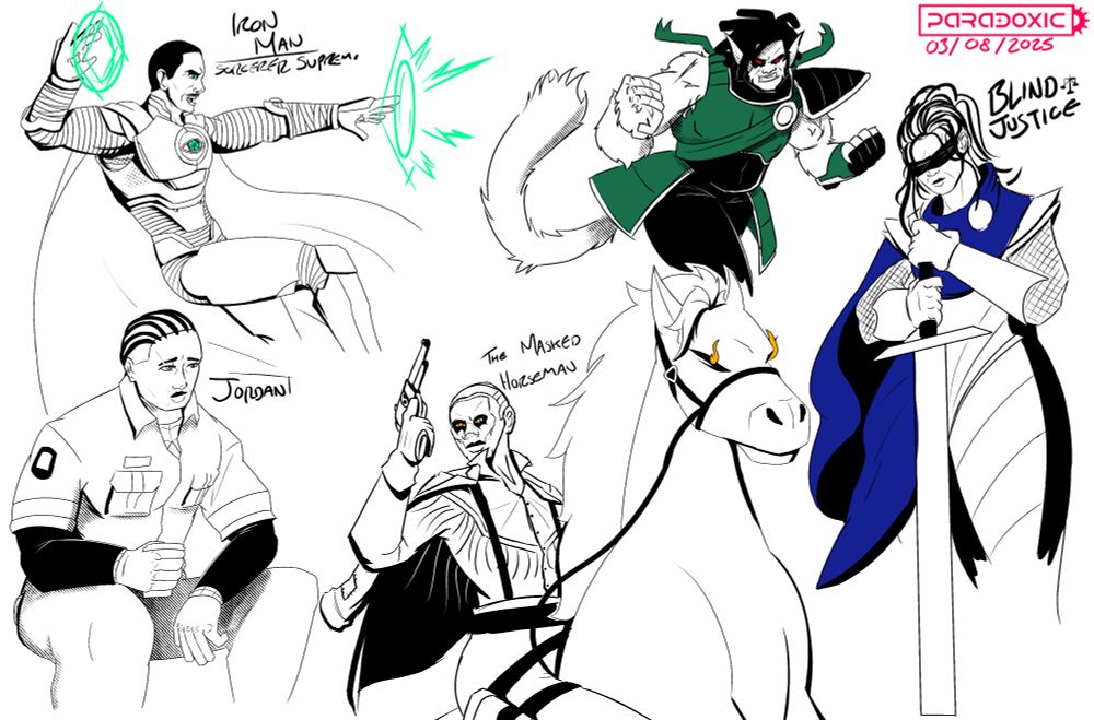  Commission of an AU design for a magic-inspired Iron Man, a Spidersona dressed as an EMT, a Dragon Ball Sayian OC, furious with rage, a supernatural gunslinger mounted on spectral horseback, and a blind warrior wielding a flat-tipped greatsword.