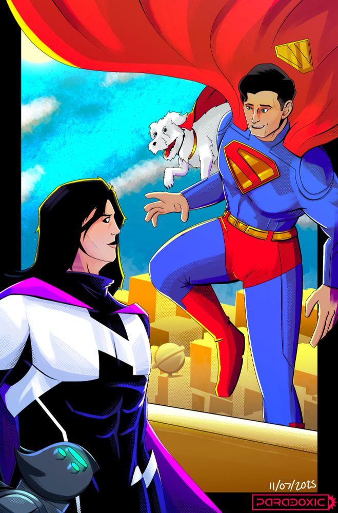  Art of Superman and Krypto flying over Metropolis, encountering Nanite and HOOT on a rooftop overlooking the city.