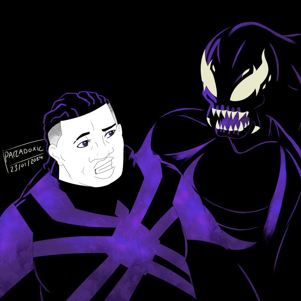  A large man with dreadlocks in a black and purple Spider-Man costume talking to a symbiotic head protruding from his shoulder.