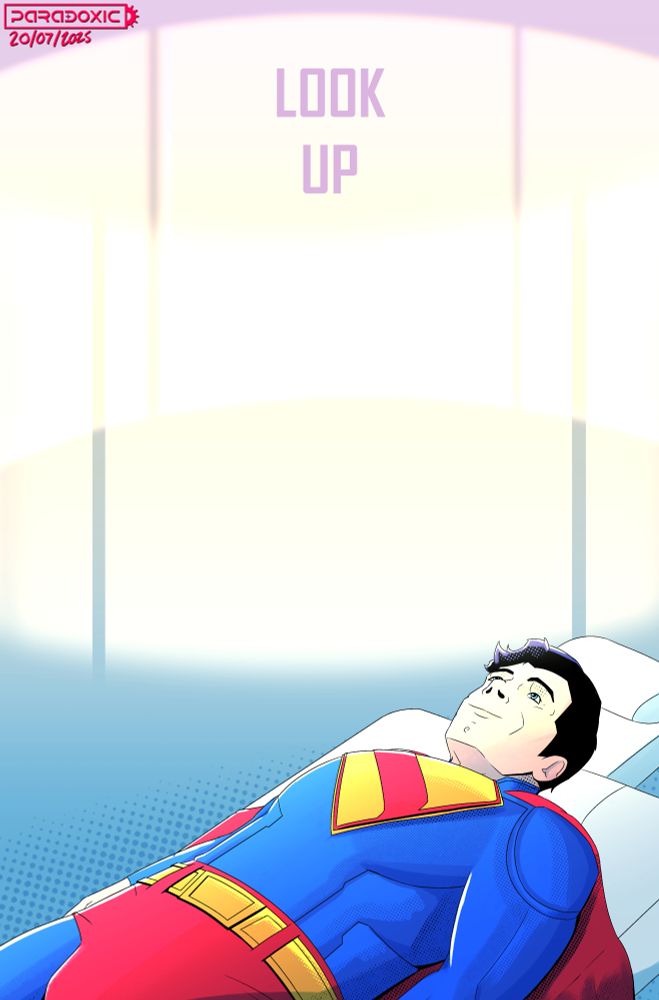  This is a recreation of a moment from Superman (2025)

 Superman lays down on an alien bed, he's smiling and looking up at glowing screens rotating above him. On one of the screens it just says 'Look Up', the tagline from the movie. 