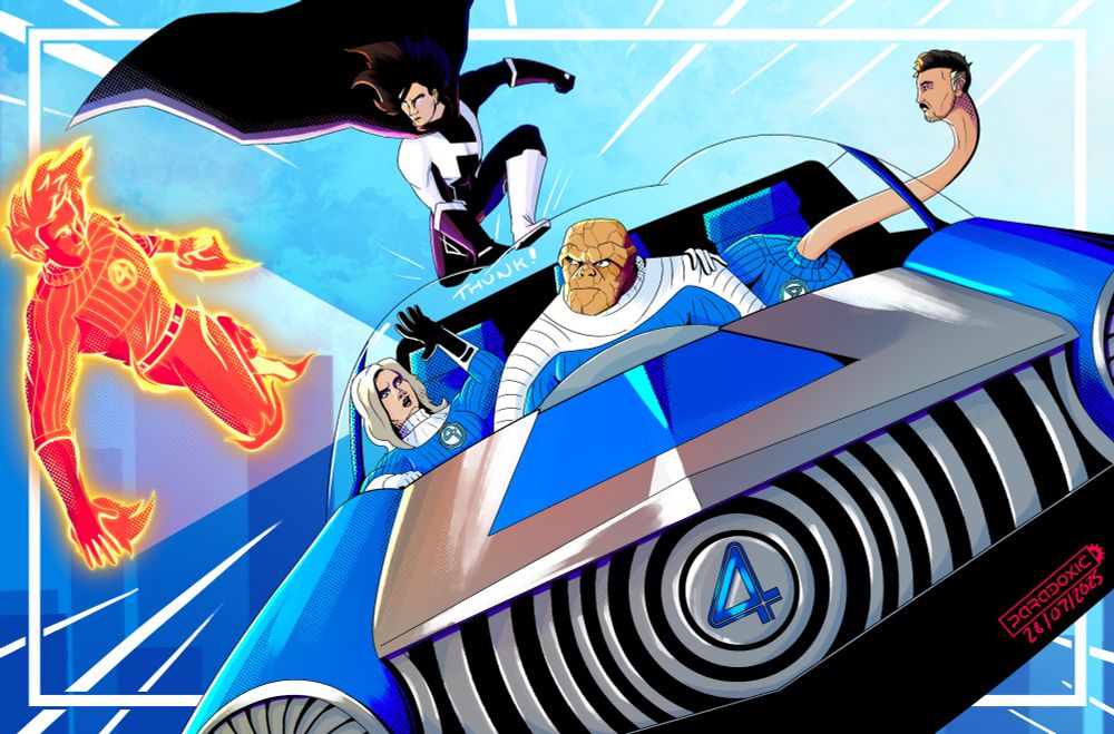  The Fantastic Four ride in their Fantasticar through the skyline. Ben Grimm drives, while Sue Storm and Reed Richards sit in the back. Johnny Storm flies alongside in his flaming form, and all four of them are looking up in confusion and alarm at the Cybernoir android, Nanite, who just landed on their roof.