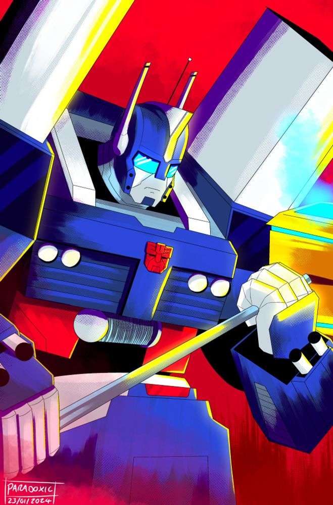  Autobot City Commander Ultra Magnus on a red background, he's on one knee looking down. He is holding the Magnus Hammer, a long gold-headed warhammer, with both hands.