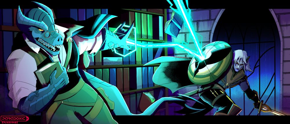  A dragonborn necromancy wizard clutches his grimoire and fires of a blast of lightning behind him. The bolt strikes a drow cleric's shield and bounces off into the ceiling above them. The two are stood in a library of some kind, books fly off the shelf in the carnage. 