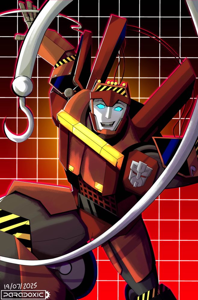  A Transformer, Hookline, leaps towards the frame with an excited expression and his tow-cable swirling around ahead of him. 