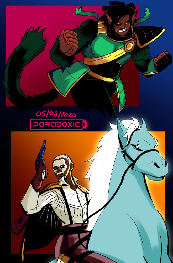  Commission of a Dragon Ball Sayian OC, furious with rage and a supernatural gunslinger mounted on spectral horseback.