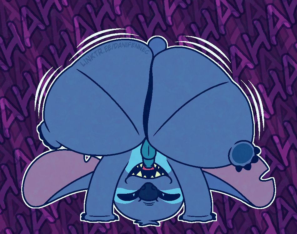 Stitch (Lilo and Stitch, 2002, Disney) doing a handstand while teasingly shaking his fat patookie for the viewer with his tiny cock and balls and laughing at them, all while smiling.