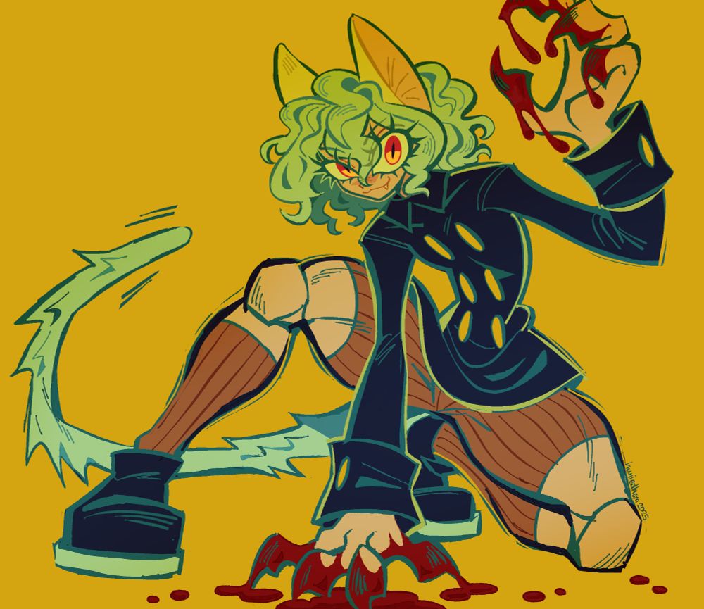 an illustration of neferpitou from hunter x hunter drawn in a half kneeling pose. their claws are soaked in blood as they look towards the viewer with a cunning expression.