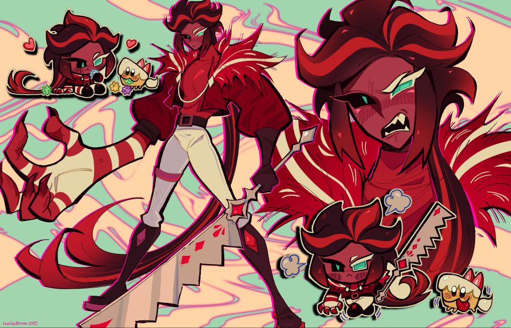 a full scale illustration featuring red velvet cookie from cookie run: kingdom! this was drawn in 2022, back when i got really heavily into the game.

the full body and headshot are the focal point of the piece and depict him in a more humanized/gijinka style, while the small chibis feature not only himself but his little cakehound companion named chiffon. :)