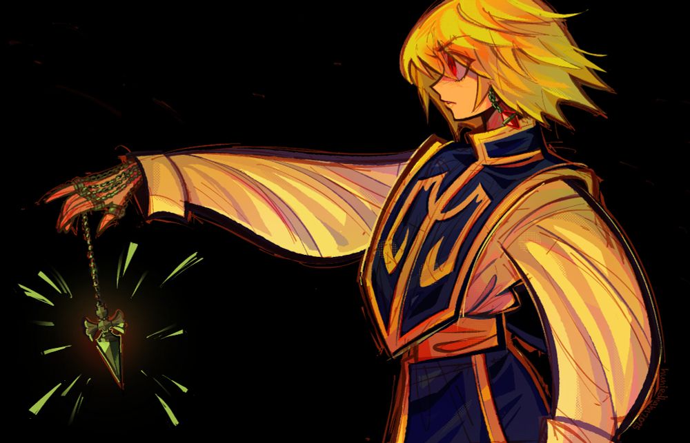 an illustration of kurapika from hunter x hunter. he is drawn in a profile view with his arm extended outward. his expression is hostile, yet determined, seemingly fixated by whatever he sees off screen. a dagger-shaped charm falls from the jumble of chains attached to his right hand, serving as the focal point of the illustration.

(hxh 2011 is my all-time favourite anime and i am revisiting it after 12 years + showing it to the besties for the first time. :] we just got to the yorknew city arc and i am excited for everyone to see kurapika in action...!)