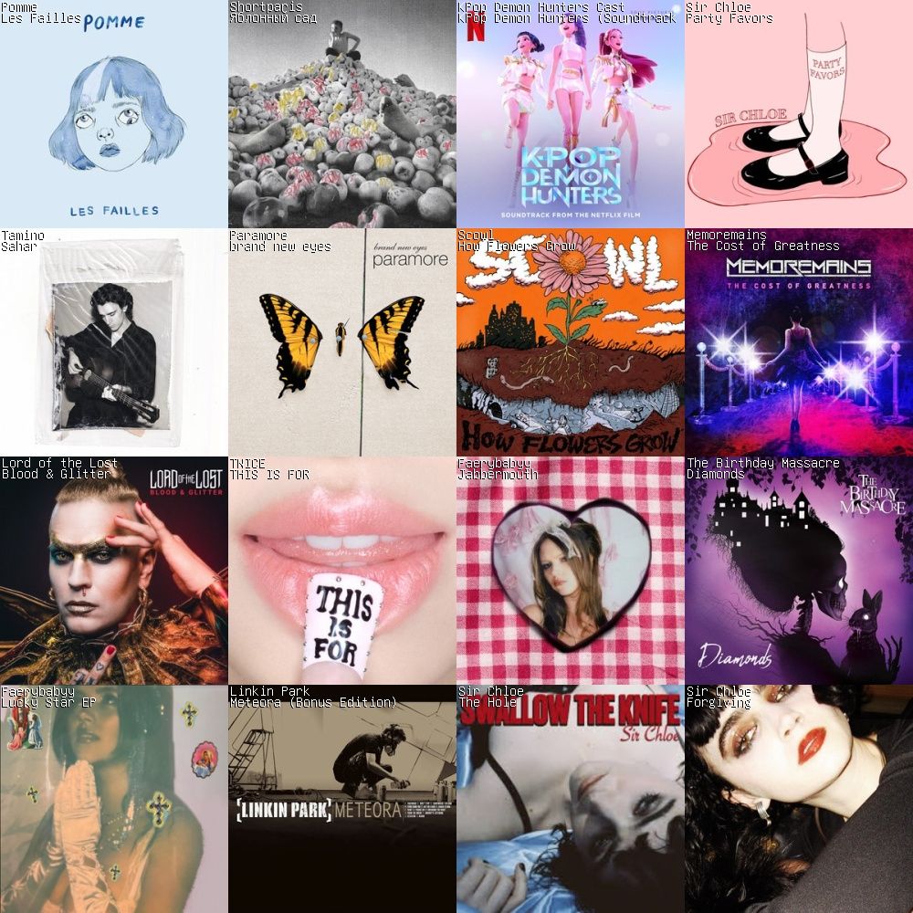 Les Failles - Pomme
Яблонный сад - Shortparis 
Kpop Demon Hunters Cast - Kpop Demon Hunters Soundtrack 
Party Favors - Sr Chloe 
Sahar - Tamino
Brand New Eyes - Paramore 
How Flowers Grow - Scowl
The Cost of Greatness - Memoremains
Blood & Glitter - Lord of The Lost 
This is For - Twice 
Jabbermouth - Faerybabyy 
Diamond - The Birthday Massacre 
Lucky Star EP - Faerybabyy 
Meteora - Linkin Park 
The Hole - Sir Chloe 
Forgiving - Sir Chloe 
