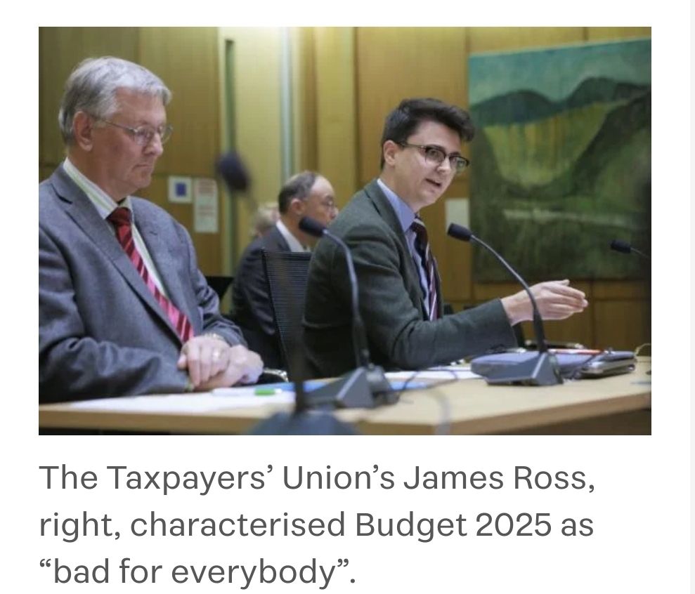 A photo of two white men in suits sitting at a desk, the one the left older the one on the right younger, with the caption The taxpayers union's James Ross, right, characterised budget 2025 as quote bad for everybody end quote.