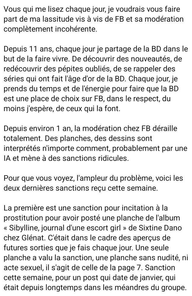 Texte d'amertume de l'administrateur du groupe Facebook les amis de la bande dessinée 