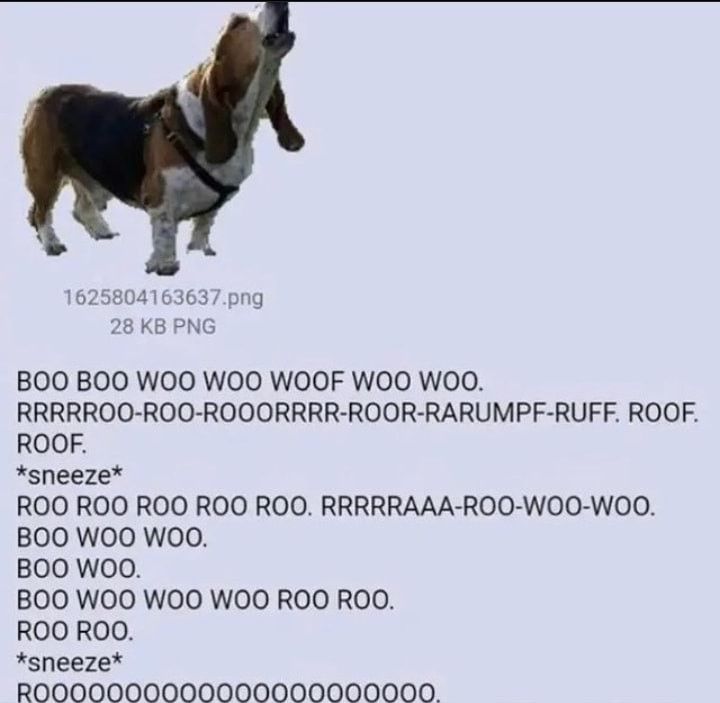 forum post that has a transparent basset hound baying. the text reads, "BOO BOO WOO WOO WOOF WOO WOO. RRRRROO-ROO-ROOORRRR-ROOOR-RARUMPF-RUFF. ROOF. ROOF *sneeze* ROO ROO ROO ROO ROO. RRRRRRRRAAA-ROO-WOO-WOO. BOO WOO WOO. BOO WOO. BOO WOO WOO WOO ROO ROO. ROO ROO. *sneeze* ROOOOOOOOOOOOOOOO."