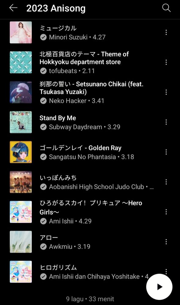 YouTube music playlist titled 2023 Anisong. The list includes Musical by Minori Suzuki from Sugar Apple Fairy Tale, Theme of Hokkyoku department store by tofubeats from The Concierge, Setsuna no Chikai (feat. Tsukasa Yuzaki) by Neko Hacker from Tonikawa Season 2, Stand By Me by Subway Daydream from ippon again!, Golden Ray by Sangatsu no Phantasia from Atelier Ryza, Ippon Michi by Aobanishi High School Judo Club from ippon again!, Hirogaru Sky! Pretty Cure ~Hero Girls~ by Ami Ishii from Hirogaru Sky! Pretty Cure, Arrow by Awkmiu from Atelier Ryza, and Hirogarism by Ami Ishii and Chihaya Yoshitake from Hirogaru Sky! Pretty Cure.