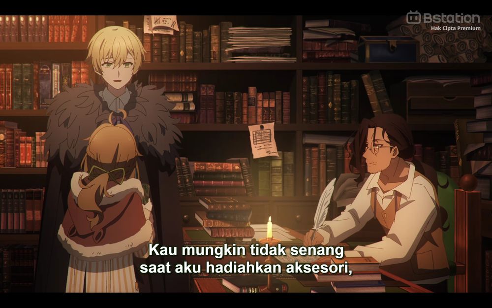 Screenshot from Silent Witch anime episode 13 showing Prince Felix paying for a book Monica wants to purchase, concluding that it makes for a more suitable gift for her than buying her an accessory she doesn't want.