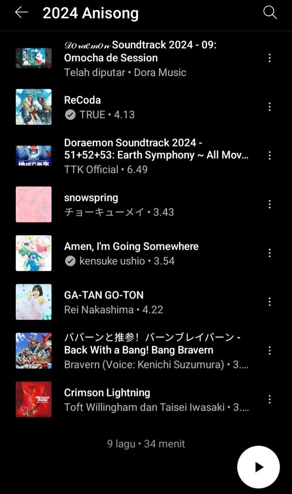 YouTube music playlist titled 2024 Anisong. The list includes Omocha de Session from Doraemon the Movie: Nobita's Earth Symphony, ReCoda by TRUE from Sound! Euphonium Season 3, Earth Symphony from Doraemon the Movie: Nobita's Earth Symphony, snowspring by ChoQMay from A Sign of Affection, Amen, I'm Going Somewhere by kensuke ushio from The Colors Within, GA-TAN GO-TON by Rei Nakashima from Train to the End of the World, Back with a Bang! Bang Bravern by Bravern (Voice: Kenichi Suzumura) from Bang Brave Bang Bravern, and Crimson Lightning by Toft Willingham and Taisei Iwasaki from Metallic Rouge.
