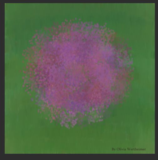 A screenshot from clip studio of a digital painting showing bunches of dots in the shape of a circle in shades of purple on a green background.