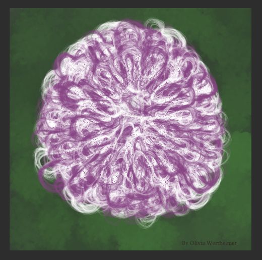 A screenshot from clip studio paint of purple and white swirls creating what could be a flower, on a mottled green background.