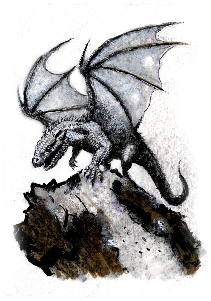 A mixed media drawing of a dragon using as many details from real-world animals as possible. Small areas of color, but largely grayscale. Art by SteveHg.