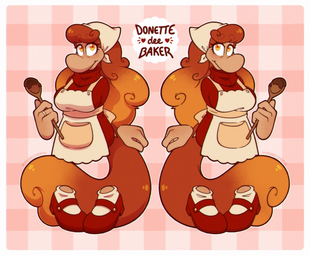 Two illustrations of a limbless character, similar to that of Rayman. She's got curly red to orange ombre hair and a matching tail, tanned skin with freckles and yellow eyes. She's wearing a red turtle neck sweater with matching red shoes, an off-white bandanna and an off-white / peach colored apron. She's holding a wooden spoon with some kind of dark food batter on the end of it in her hand.

The image next to it is the same image as described but with no shading and flipped in the opposite direction.