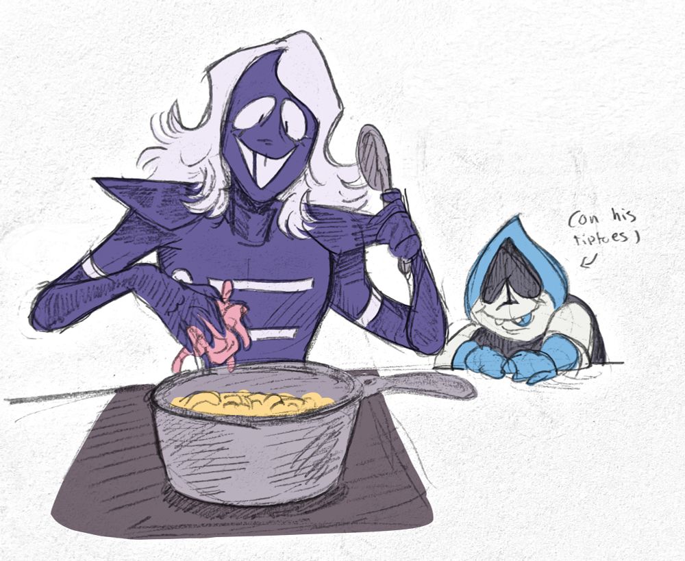 a drawing of rouxls kaard making mac and cheese. he’s putting a handful of worms in the pot. lancer is leaning on the counter and smiling