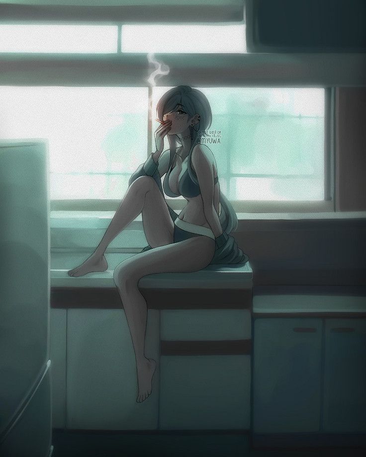My OC Harlow, sitting on a counter and smoking in her underwear and a cardigan, looking distant with a blue melancholic color palette.